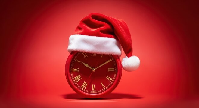 A red Christmas clock with a Santa hat