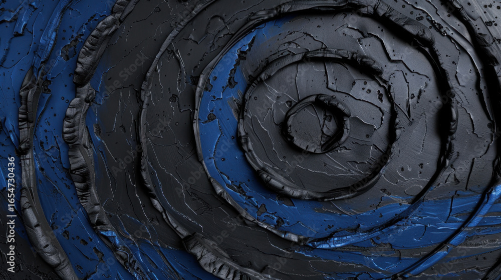 Poster textured abstract art features swirling patterns black and blue, creating dynamic visual effect. lay