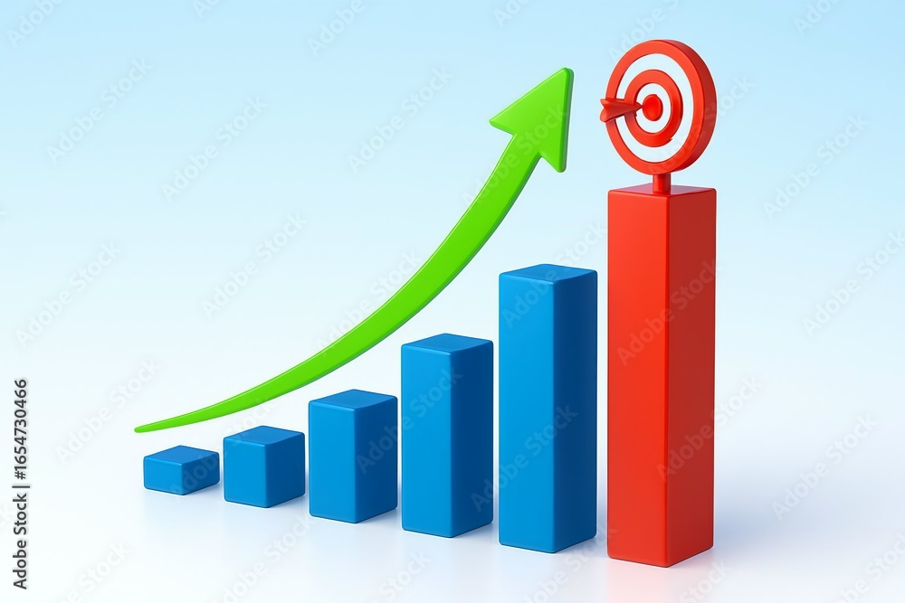 Poster green arrow graph showing upward trend and reaching a bullseye target on a red bar