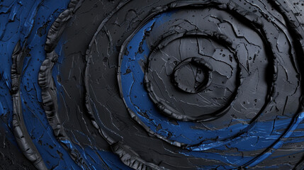 Textured abstract art features swirling patterns black and blue, creating dynamic visual effect. layers of paint add depth and intrigue, inviting viewers to explore interplay of colors and shapes