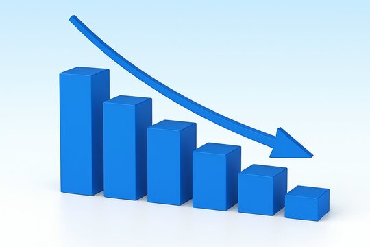 Blue 3d bar graph showing a sharp downward trend with an arrow indicating decline