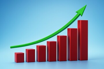 Red bar graph showing upward trend with a green arrow indicating growth and success