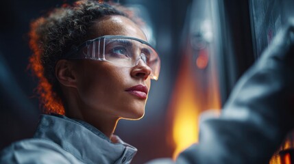 Focused scientist analyzing data laboratory portrait high-tech environment close-up view innovation