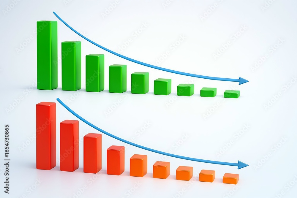 Poster two sets of colorful bar graphs showing a downward trend with blue arrows indicating decline