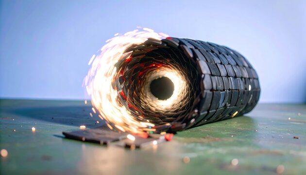 A burning, segmented cylinder on a textured surface