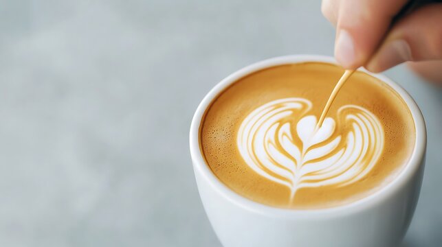 Barista creates latte art heart design in coffee