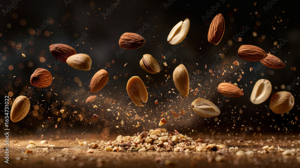 Poster nuts various forms are captured mid air, showcasing dynamic and vibrant display. image highlights al