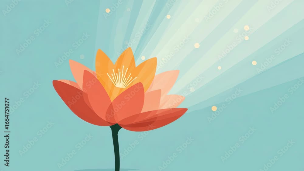 Poster flat design of a lotus flower with bright colors and rays of light in a minimalist style