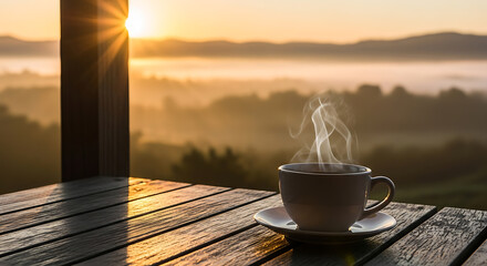Steaming coffee against an inspiring sunrise scenery for peaceful reflections