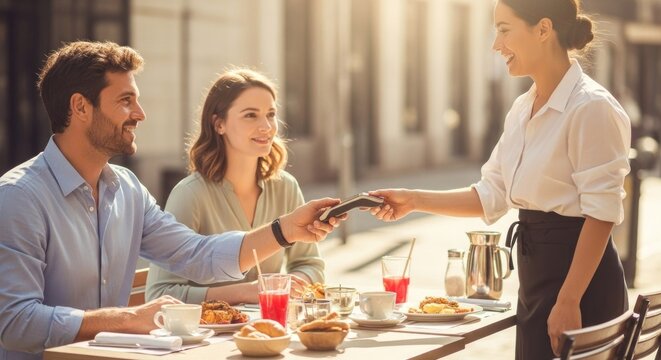 Customers paying smiling waitress using payment terminal at outdoor cafe terrace