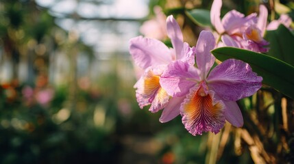 Obraz premium Pink orchid blossoms in greenhouse