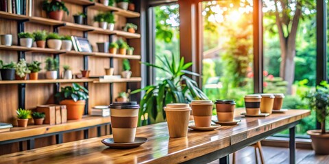 Several disposable coffee cups sit on a wooden counter in a sunlit cafe with potted plants on shelves
