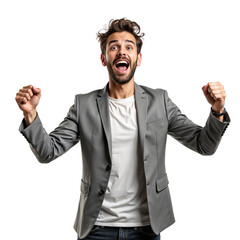 Excited young man cheering with fists isolated on transparent background