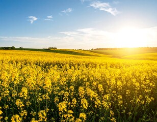 Obraz premium Vast field of vibrant yellow flowers under a beautiful sunset