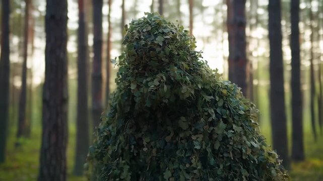 Mysterious Figure in Ghillie Suit Standing Motionless in Lush Green Forest Scenery