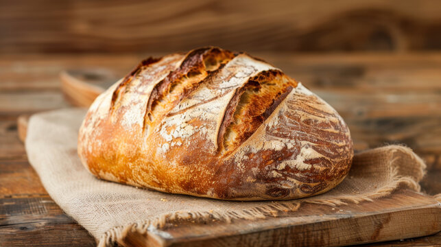 Freshly baked artisan bread with crispy crust and soft interior, resting on wooden board. warm tones of bread contrast beautifully with rustic background, evoking sense of comfort and home