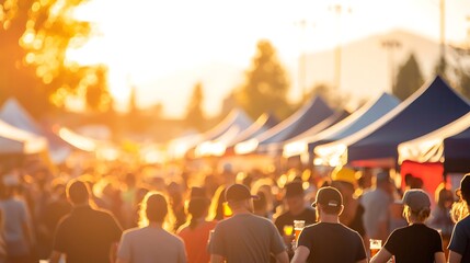 Crowd at outdoor market during golden hour sunset