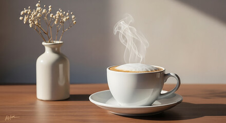 Fototapeta premium Morning serenity, cappuccino and delicate flowers sharing a quiet moment of
