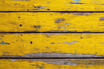 A close-up view of weathered, horizontal wooden planks, painted a vibrant yellow, displaying cracked and peeling paint, revealing the underlying wood grain beneath.