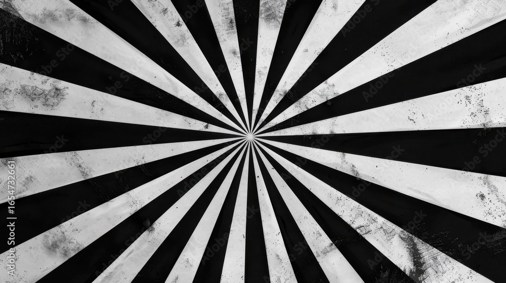 Poster black and white striped pattern radiating from center, creating dynamic and bold visual effect. desi