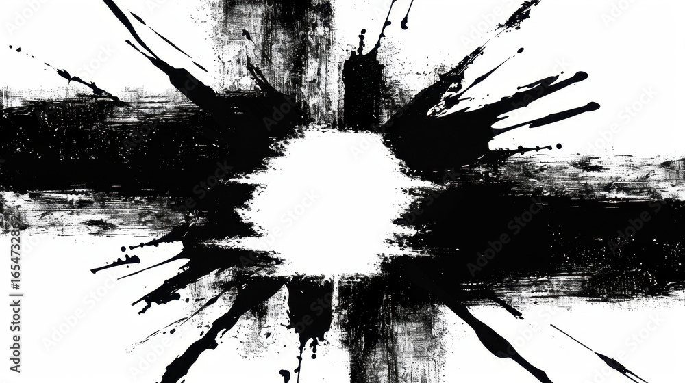 Poster abstract black and white artwork featuring dynamic splashes and strokes, creating striking contrast.