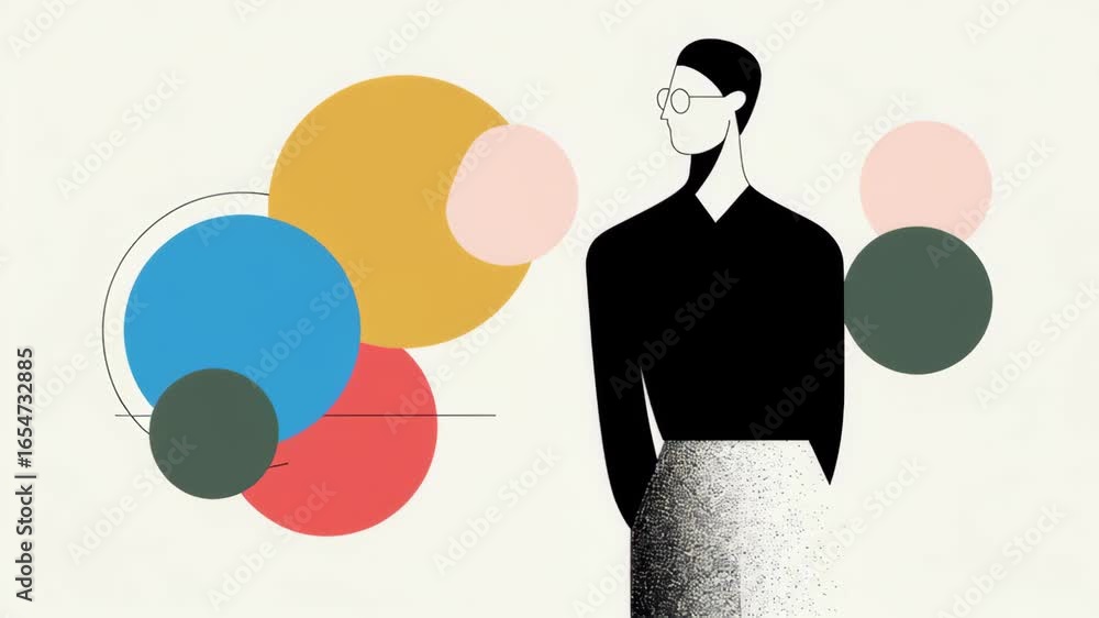 Poster geometric minimalist illustration featuring abstract shapes and characters in clean design elements