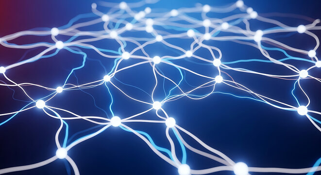 Abstract glowing network of interconnected nodes and lines representing a neural network or complex system.