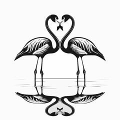 Obraz premium Two flamingos are reflected in the water with their heads together image vector.