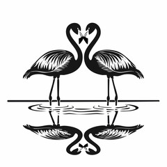 Obraz premium Two flamingos are reflected in the water with their heads together image vector.