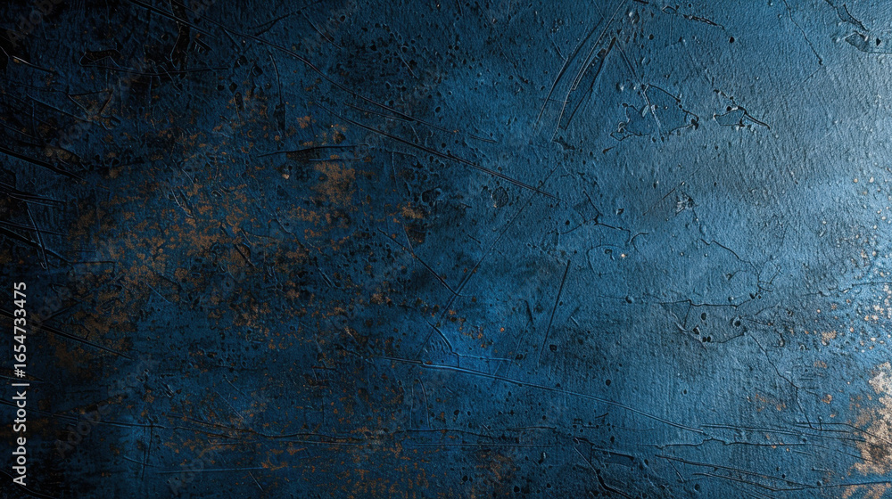 Poster textured blue wall with scratches and rust spots, creating rustic and industrial feel. deep blue col