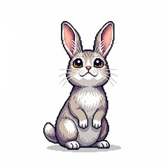 Fototapeta premium A cute, pixelated cartoon rabbit with gray and white fur sits upright, looking forward with large, expressive eyes and long ears.