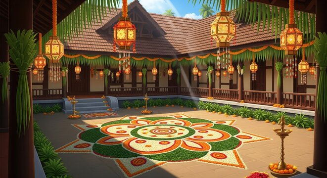 Traditional Kerala nalukettu house decorated with pookalam Onam