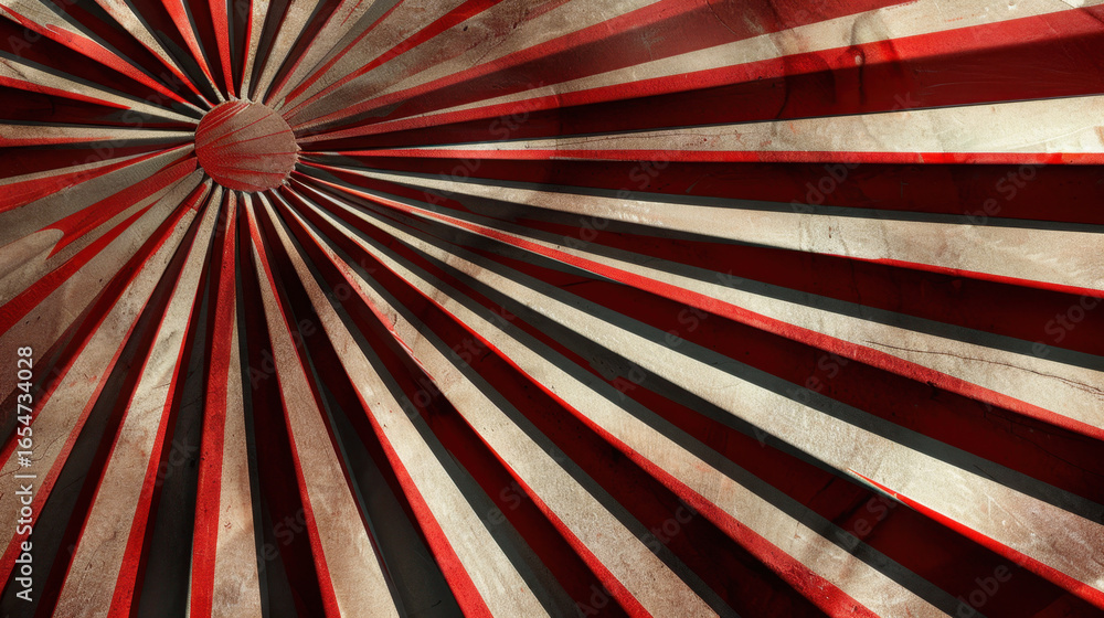 Poster radiating lines create dynamic pattern in red and white, evoking sense of energy and movement. textu