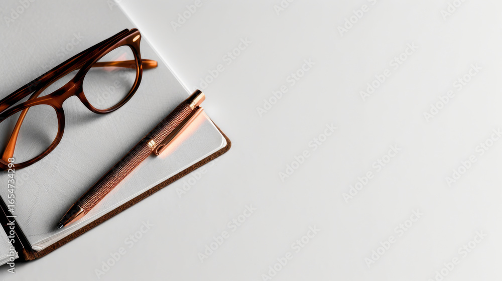 Poster elegant glasses and stylish pen rest on open notebook, creating sophisticated workspace. minimalist 