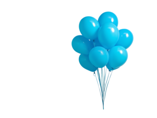 An eye-level shot presents a cluster of serene blue balloons, tethered together by delicate strings. 