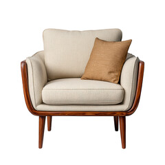 Elegant Mid-Century Modern Armchair with Cream Fabric and Brown Pillow in Cozy Living Room Setting