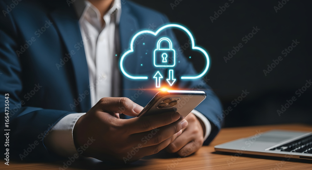 Poster businessman using smartphone with secure cloud data transfer icon