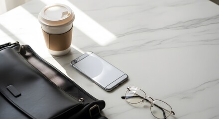 Elegant Desk Scene: Coffee, Phone, Bag, and Glasses on Marble Surface, Showcasing a Blend of Work and Leisure in Natural Light, 128 characters