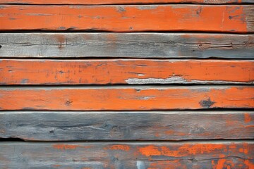 Fototapeta premium Horizontal weathered wood planks, painted in varying shades of orange and gray, display texture and age.