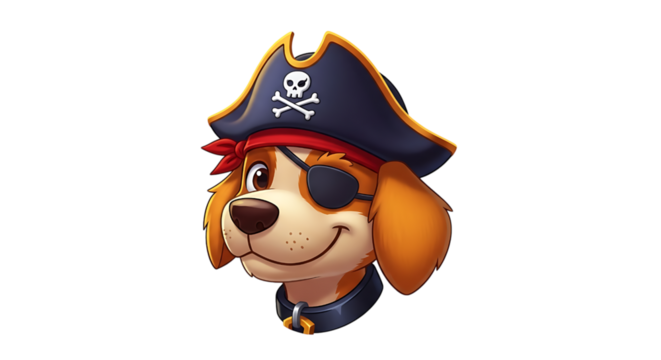 Cartoon dog pirate with eye patch isolated on transparent background