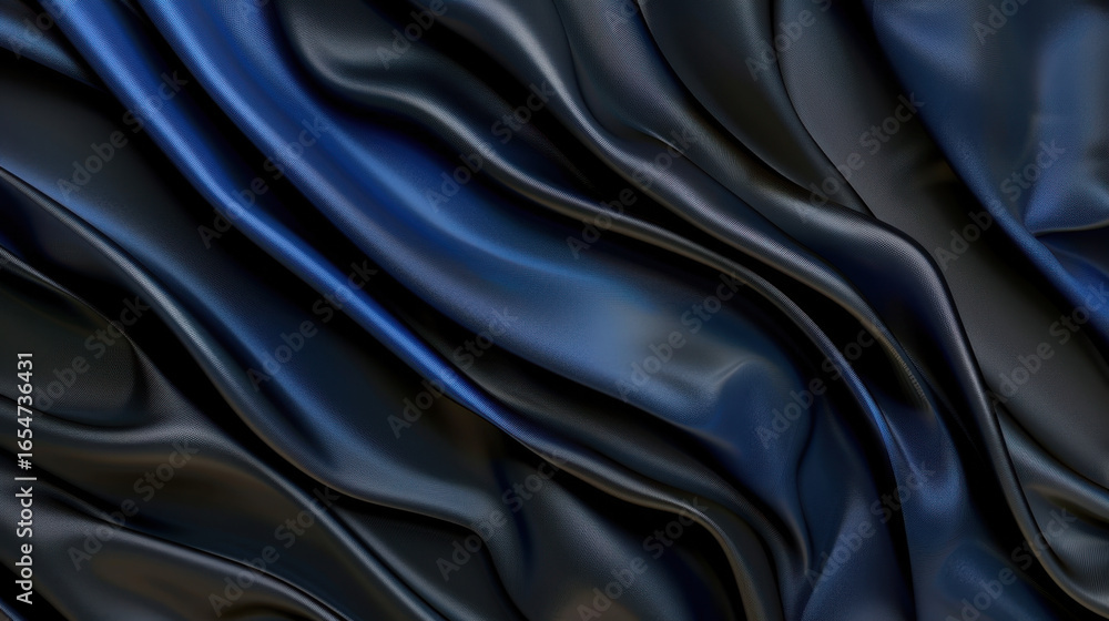 Poster luxurious fabric drapes elegantly, showcasing deep shades of blue and black. smooth texture and flow