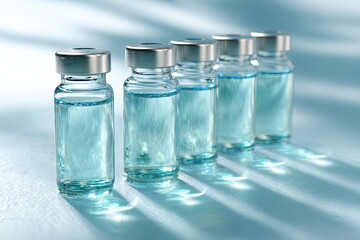Several clear glass vials, filled with light-blue liquid, stand in a row on a light-blue surface.  Soft shadows cast by the vials