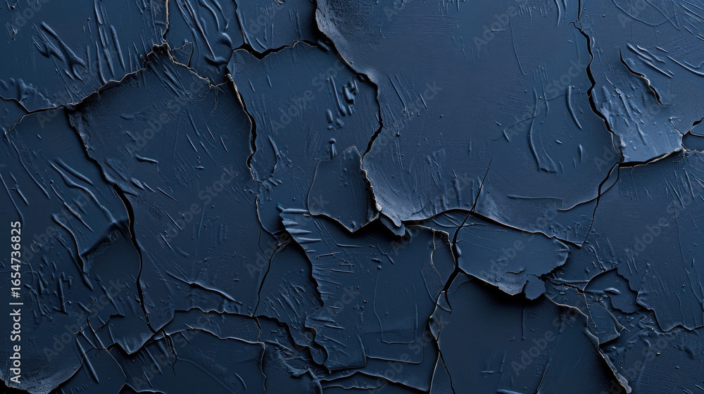 Poster cracked blue paint texture with deep crevices and rough surface, creating abstract and artistic back