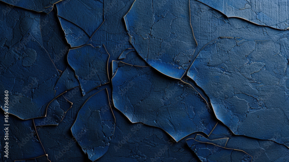 Poster peeling blue paint creates abstract texture with deep shades and intricate patterns, evoking sense o