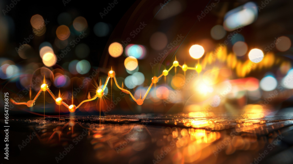 Poster dynamic financial graph with glowing lines and bokeh lights in background, representing growth and i