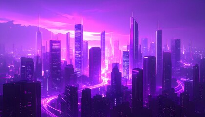 Fototapeta premium Futuristic cityscape bathed in vibrant purple neon light