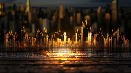 Digital city skyline with glowing financial data visualization reflecting on water. vibrant colors and dynamic lines represent market trends and economic growth
