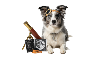Border collie dog with astronomy tools isolated on transparent background