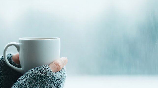 Cozy winter morning with hot beverage and snowy window view - Powered by Adobe