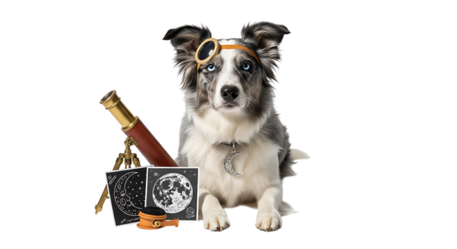 Border collie dog with astronomy tools isolated on transparent background